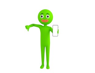 Green Man character show his phone and give thumb down in 3d rendering.