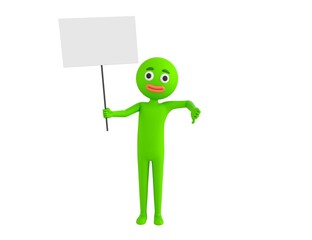 Green Man character holding a blank billboard and give thumb down in 3d rendering.
