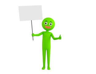 Green Man character holding a blank billboard and give thumb up in 3d rendering.