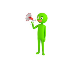 Green Man character speaking in megaphone in 3d rendering.