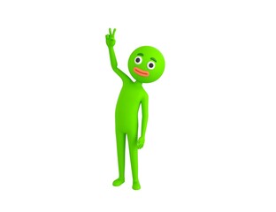 Green Man character showing two finger in 3d rendering.