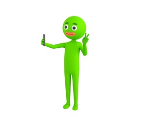 Green Man character taking selfie in 3d rendering.