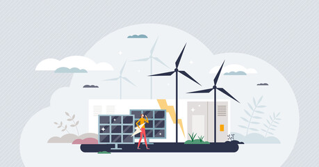 Energy storage with electricity charged battery cell tiny person concept. Sustainable power efficient accumulation with container units vector illustration. Wind turbine or solar panel voltage station