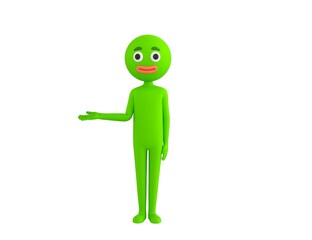 Green Man character looking to camera and pointing hand to the side in 3d rendering.