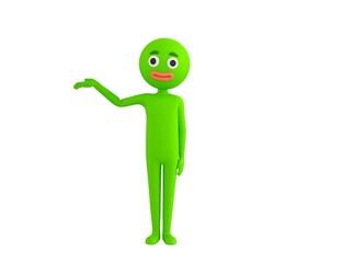 Green Man character raise his hand and pointing to the side in 3d rendering.