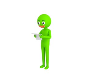 Green Man character reading paper in 3d rendering.