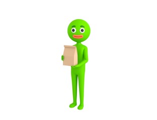 Green Man character holding paper containers for takeaway food in 3d rendering.