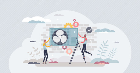 HVAC technicians as heating or conditioning service job tiny person concept. Ventilating fan filter change for clean air or fix technical problem vector illustration. Professional climate unit control