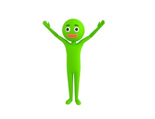 Green Man character spreading his two hands in 3d rendering.