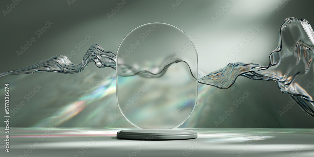 Poster 3d rendering platform podium with crystal caustic product presentation background