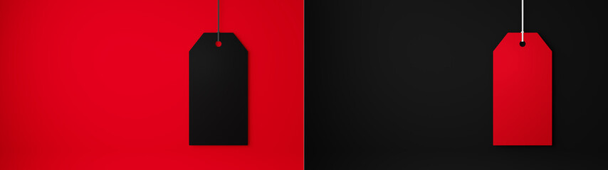 赤色の背景に黒色のタグ、黒背景に赤色のタグのセット。