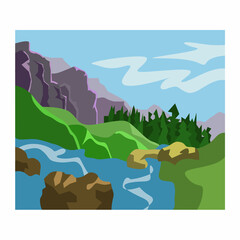 Mountains, river, forest. Vector landscape of nature. Flat illustration.