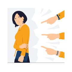 Fototapeta premium Sad upset woman looking down judged with many different hands and fingers pointing at her, Accusation guilty, bully, and getting blamed concept illustration