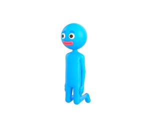 Blue Man character kneeling in 3d rendering.