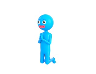 Blue Man character kneeling and pray in 3d rendering.
