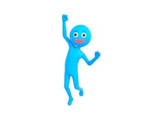 Blue Man character Jumping with smile on face doing winner gesture with fists up in 3d rendering.