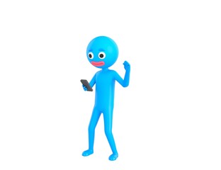 Blue Man character looking his phone and doing winner gesture with fists up in 3d rendering.