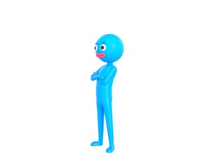 Blue Man character smiling with arms crossed look to the side in 3d rendering.