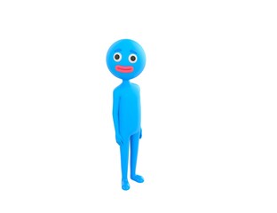 Blue Man character standing and look up to camera in 3d rendering.