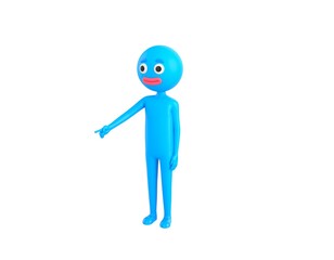 Blue Man character pointing to the ground in 3d rendering.
