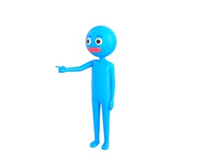 Blue Man character pointing finger to the left in 3d rendering.