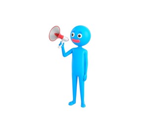 Blue Man character speaking in megaphone in 3d rendering.