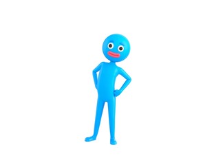 Blue Man character with hands on hip in 3d rendering.