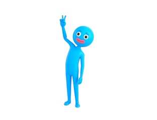 Blue Man character showing two finger in 3d rendering.