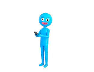 Blue Man character using smartphone and looking to camera in 3d rendering.