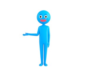 Blue Man character looking to camera and pointing hand to the side in 3d rendering.