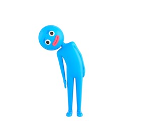 Blue Man character tilt body to side in 3d rendering.