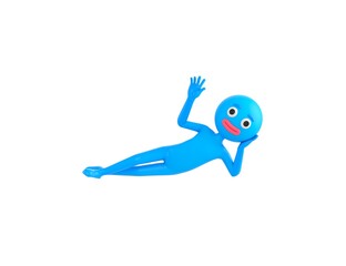 Blue Man character lying on floor and say hi in 3d rendering.
