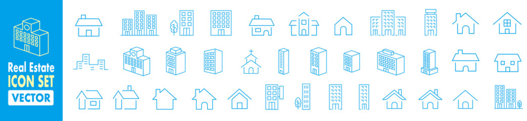 ビル 建物 家 アイコン Simple building and houses line icon set - obrazy, fototapety, plakaty