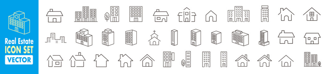 Fototapeta ビル 建物 家 アイコン Simple building and houses line icon set obraz