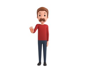 Man wearing Red Shirt character puts out his hand and orders to stop in 3d rendering.