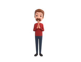 Man wearing Red Shirt character praying with hands held together in 3d rendering.