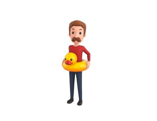 Man wearing Red Shirt character with inflatable duck ring in 3d rendering.