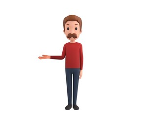 Man wearing Red Shirt character looking to camera and pointing hand to the side in 3d rendering.