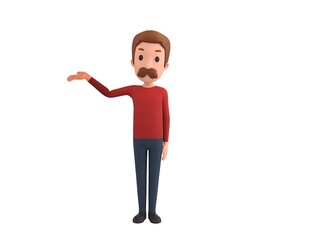 Man wearing Red Shirt character raise his hand and pointing to the side in 3d rendering.