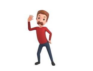 Man wearing Red Shirt character hold hand near ear listening rumors in 3d rendering.