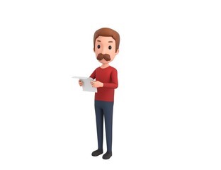 Man wearing Red Shirt character reading paper and looking to camera in 3d rendering.
