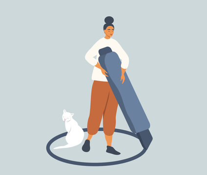 vector illustration in a flat style on the topic of protection of personal boundaries. girl draws a circle around herself with a marker 