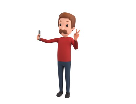 Man wearing Red Shirt character taking selfie in 3d rendering.