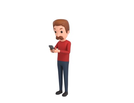 Man wearing Red Shirt character types text message on cell phone in 3d rendering.