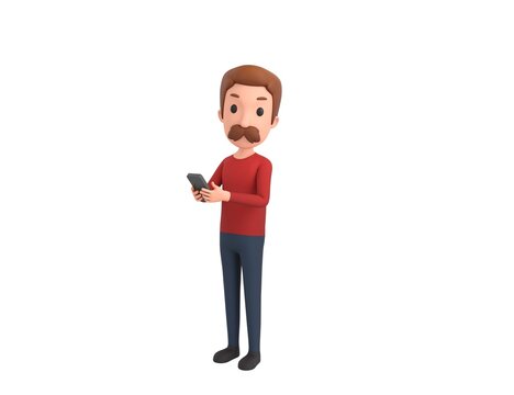 Man wearing Red Shirt character using smartphone and looking to camera in 3d rendering.