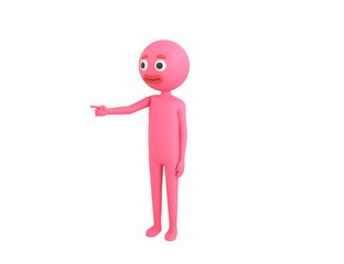 Pink Man character pointing finger to the left in 3d rendering.