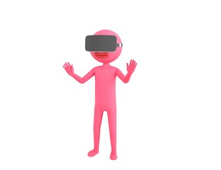 Pink Man character using VR headset in 3d rendering.