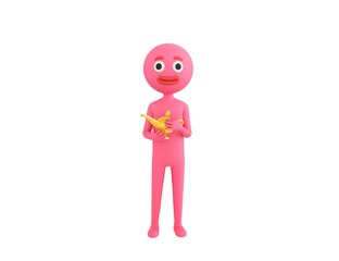 Pink Man character rubbing a magic lamp in 3d rendering.