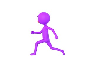 Purple Man character running to the left side in 3d rendering.
