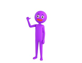 Purple Man character pointing back thumb up empty space in 3d rendering.